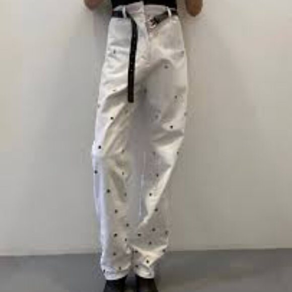 Chakshyn Designer Grommet Silver/White Straight Leg Pants 100% Cotton - Picture 7 of 8